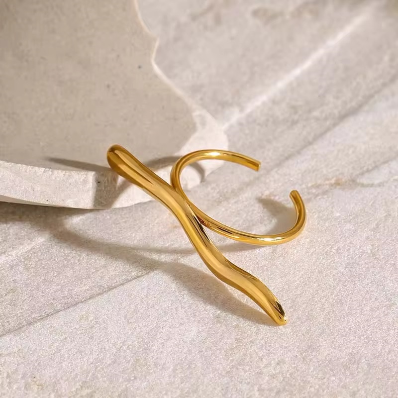 Corrugated Line Open 18k Gold Plated Adjustable Ring